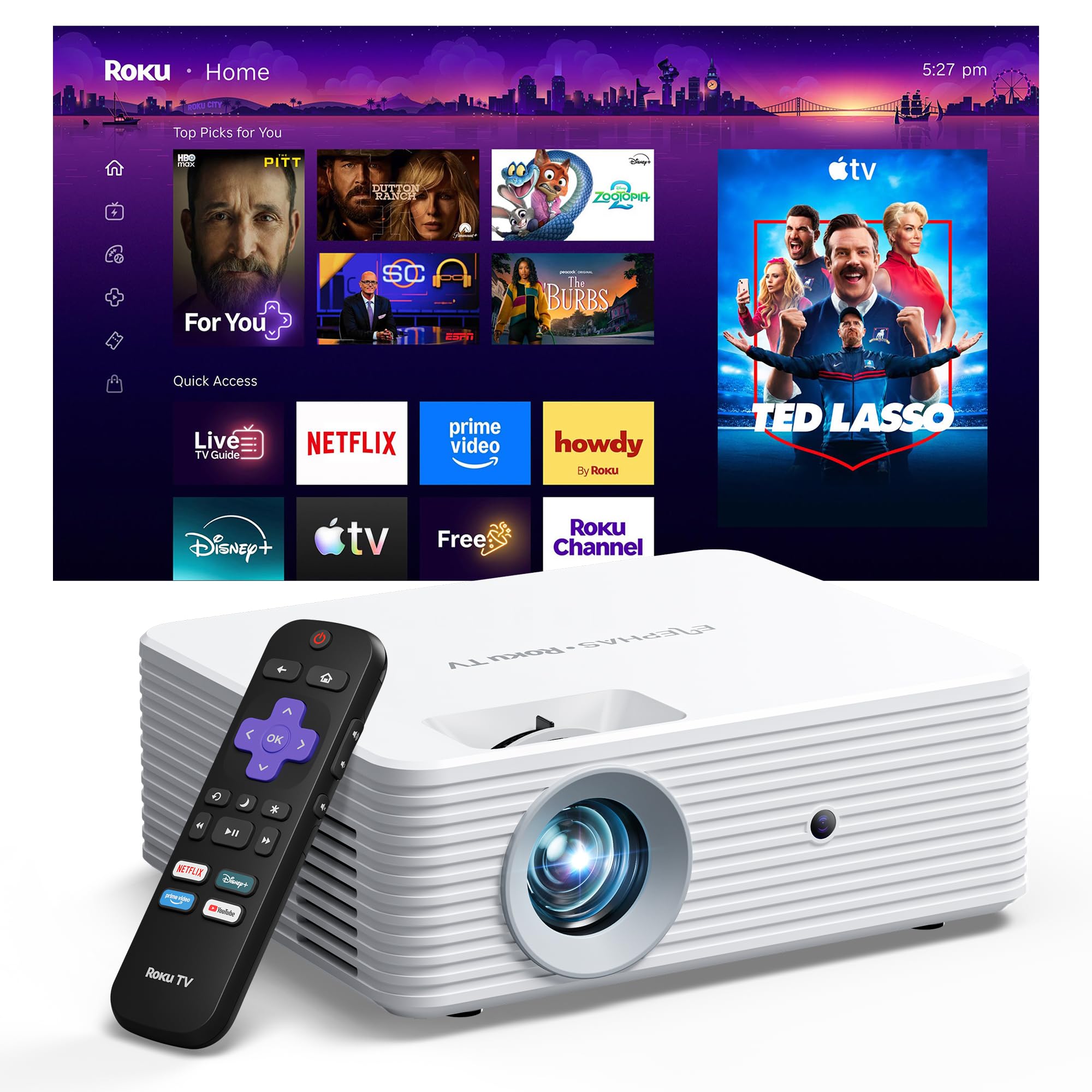 ELEPHAS Roku TV Smart Projector with Wi-Fi and Bluetooth | Built-in Roku TV, Wor