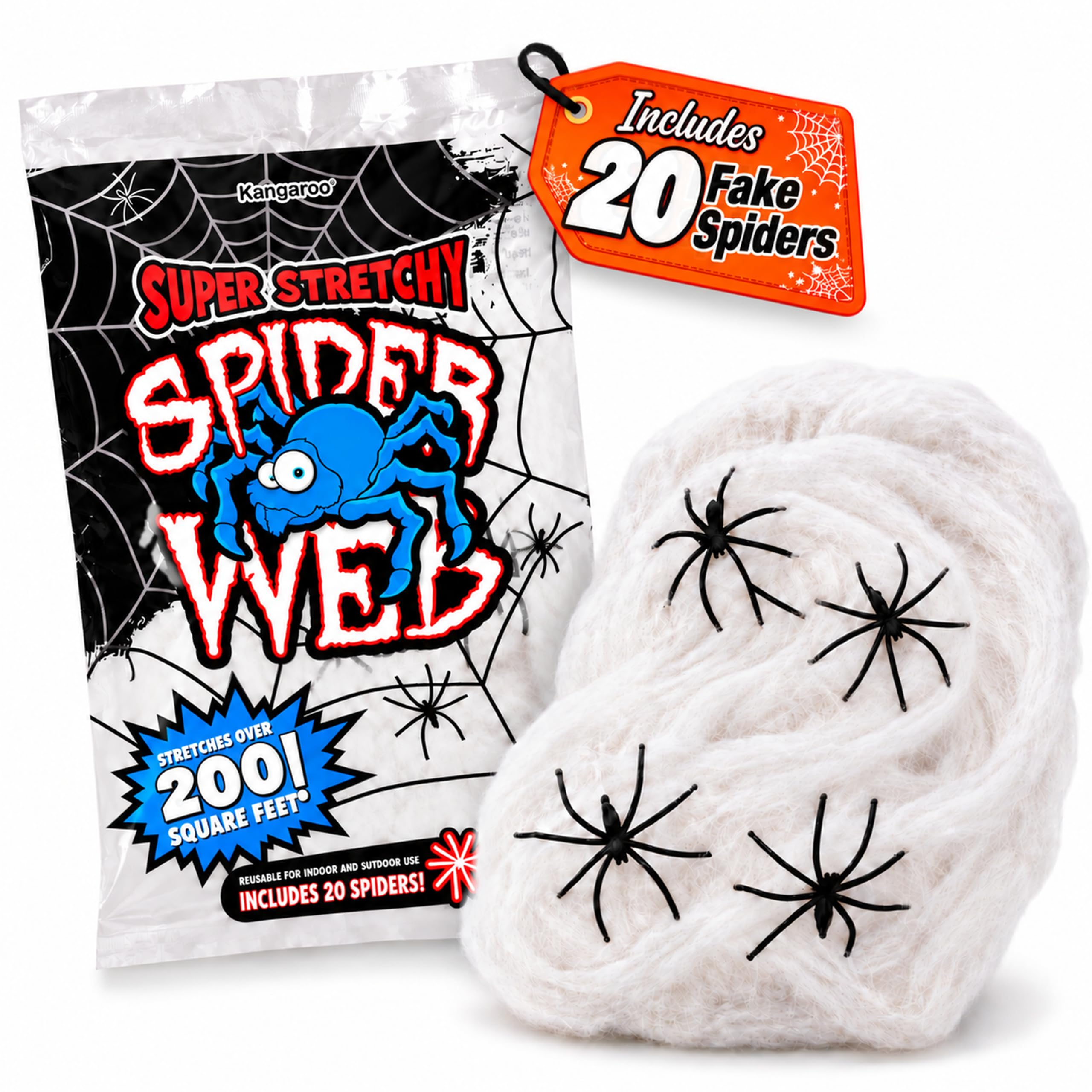 Kangaroo 200 sq. Ft Fake Spider Webs with 20 Fake Spiders for Decorations | Spid