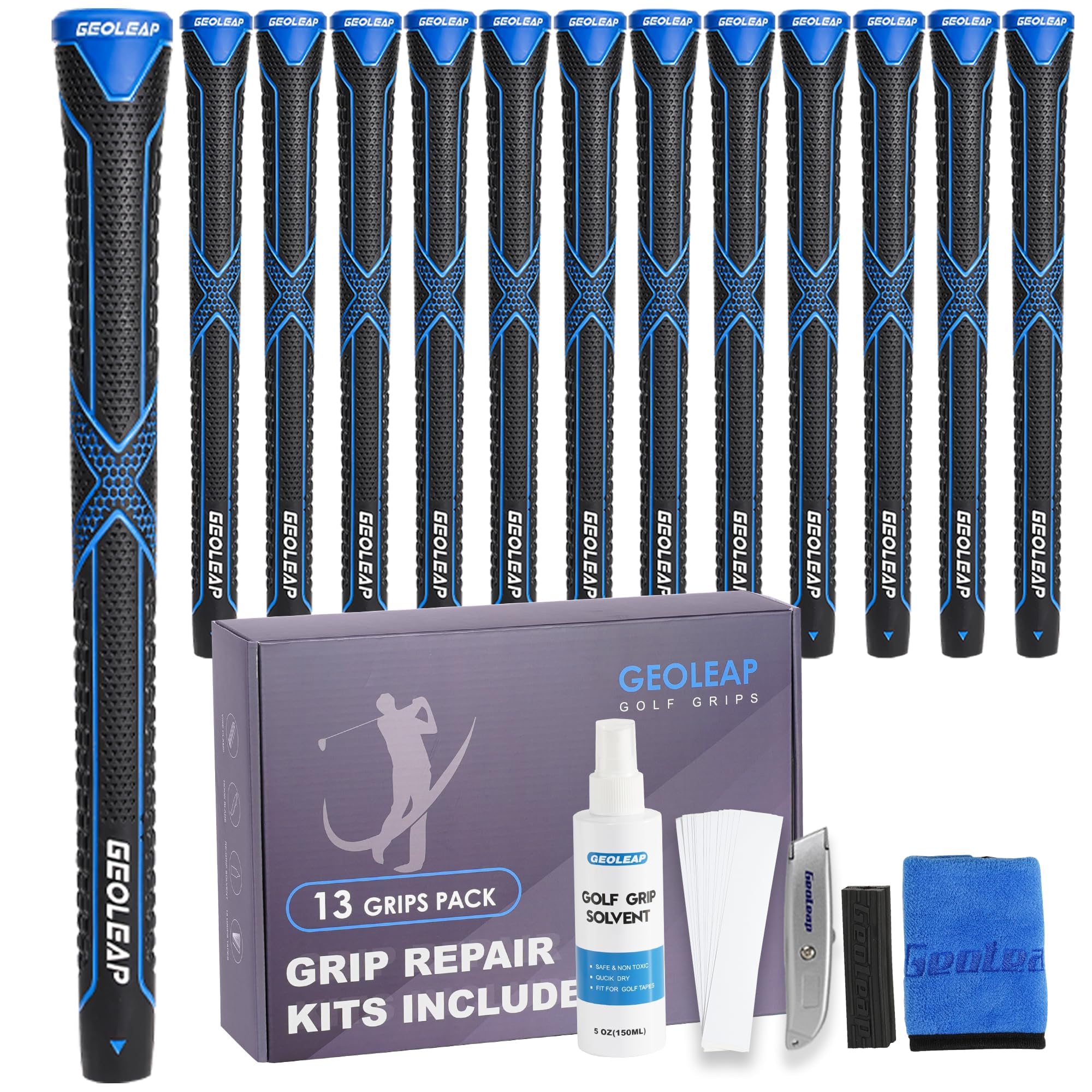 Geoleap Golf Grips 13 Pack with Complete Regripping Kit -Reduced Taper & Triple 