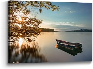 the stream design Lake Landscape Canvas Wall Art: Sunset Nature Scenery Picture Painting Print Decor Relaxing Boat Water Artwork for Bedroom Living Room Home Office Decoration