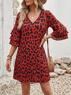Women's V-Neck Bell Sleeve Casual Loose Casual Short Dress for Daily Social Wear