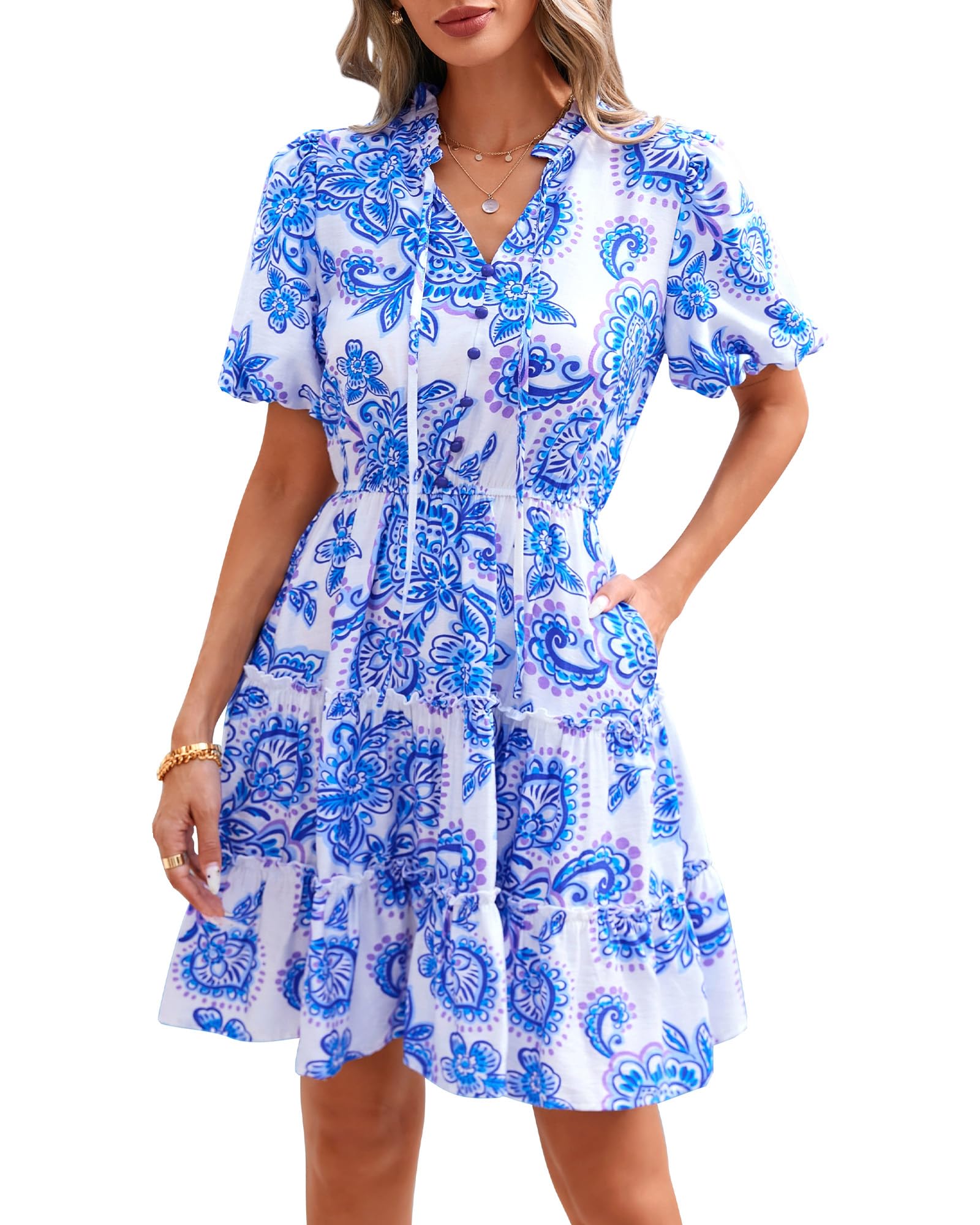 BTFBM Women Summer Floral Short Dresses V Neck Short Sleeve Tiered Ruffle Boho S