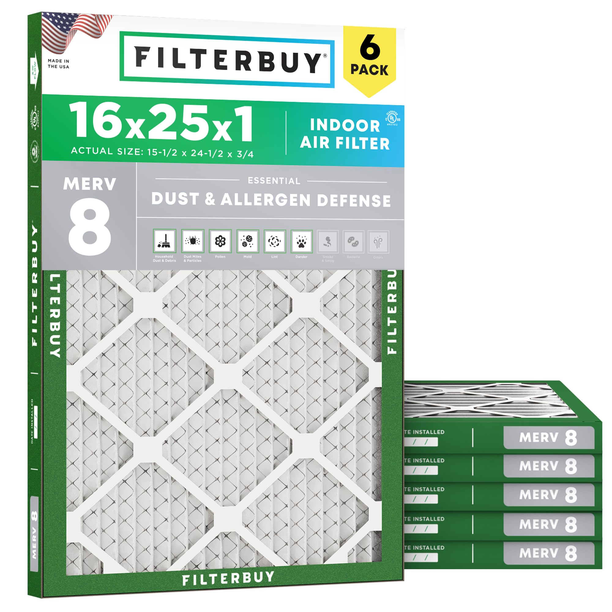 Filterbuy 16x25x1 Air Filter MERV 8 Dust & Allergy Defense (6-Pack) | Electrosta