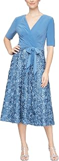 Alex Evenings Women's Tea Length Dress with Rosette Detail (Petite and Regular) Special Occasion Dress
