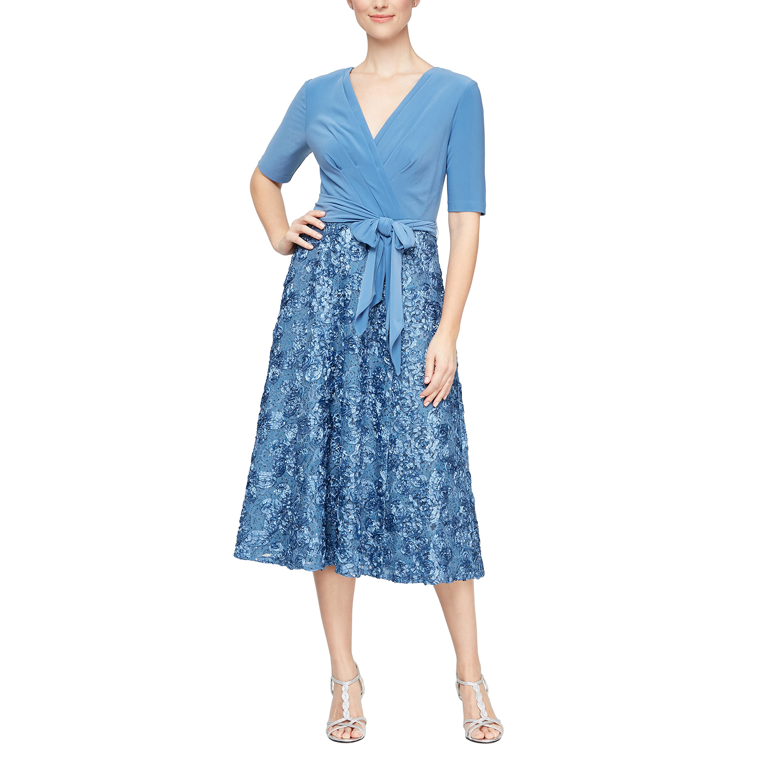 Alex Evenings Women's Tea Length Dress with Rosette Detail (Petite and Regular) 