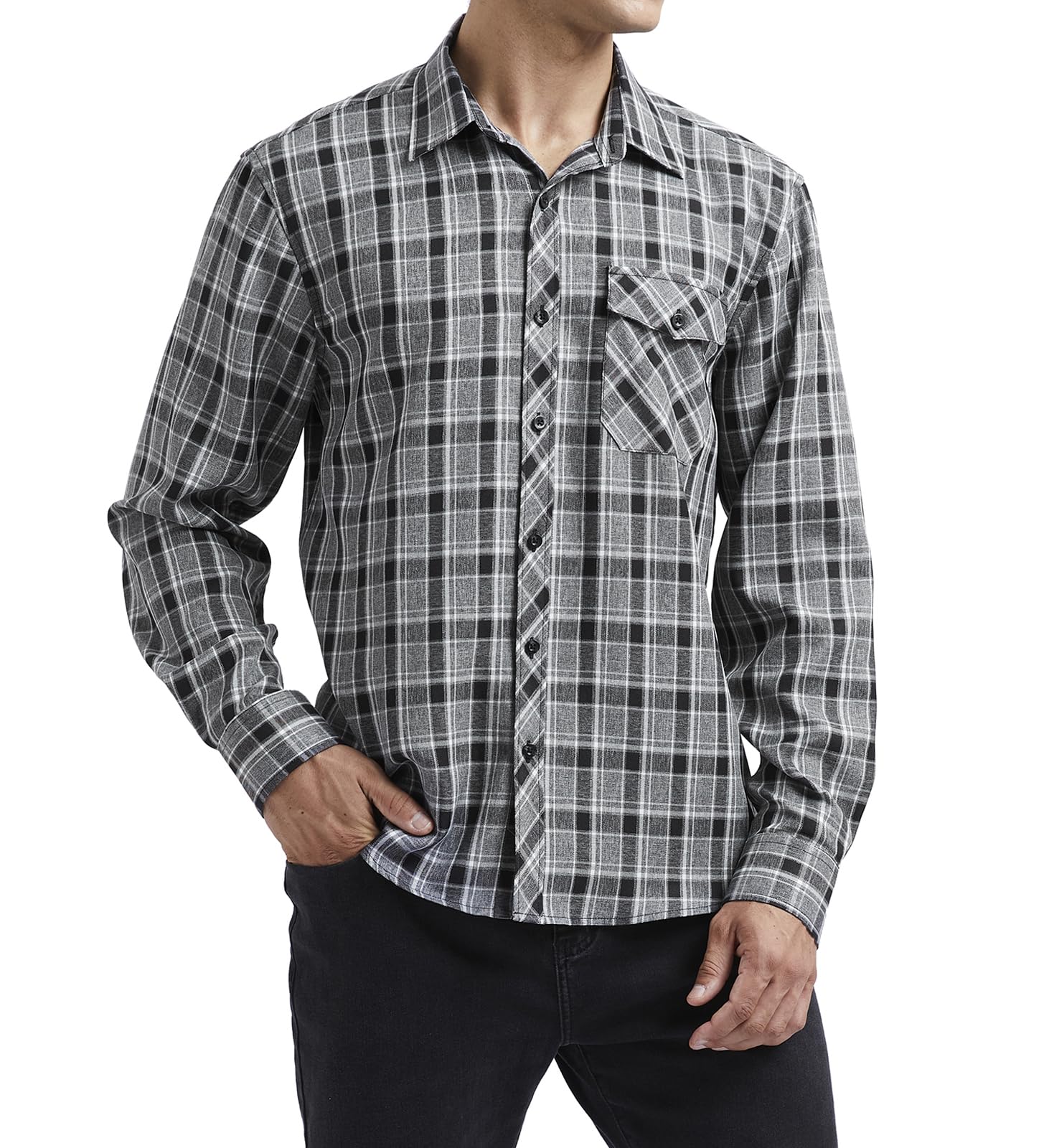 HISDERN Men's Long Sleeve Plaid Shirt Casual Plaid Flannel Shirts with 2 Pockets