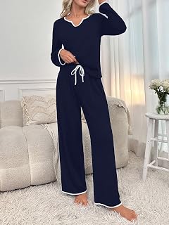 Women Long Sleeve V Neck Two Piece Drawstring Pyjamas Set Lounge Wear Loose Fit Lounge Wear Travel