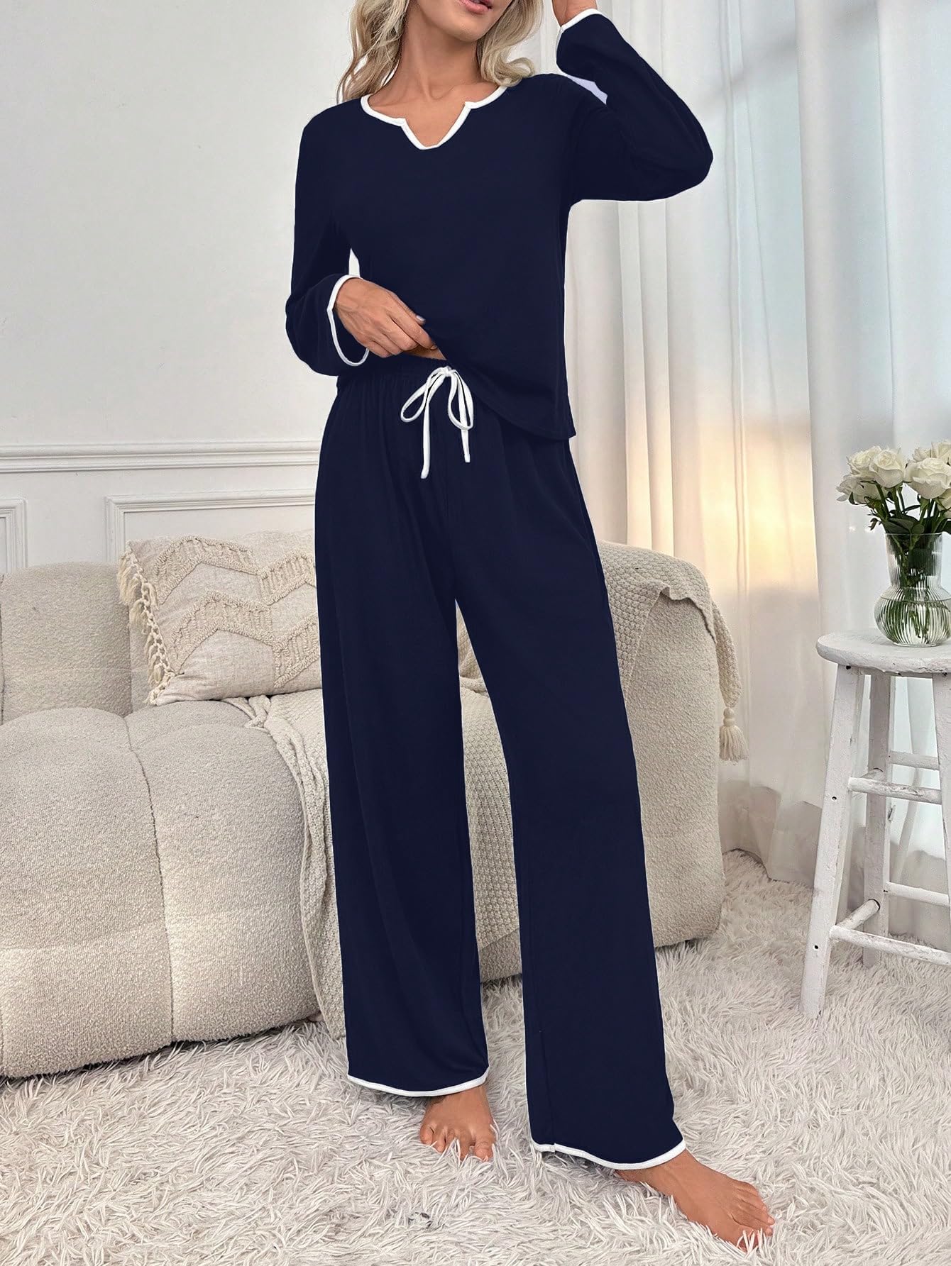 Women Long Sleeve V Neck Two Piece Drawstring Pyjamas Set Lounge Wear Loose Fit 