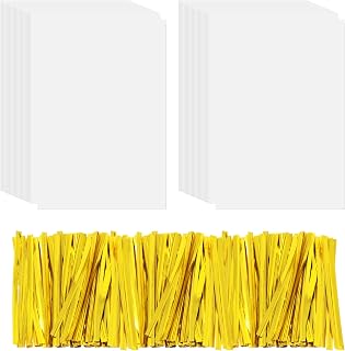 Clear Plastic Cellophane 4x6 Inch OPP Clear Bags with Gold Twist Ties Reusable Self Sealing Pouches for Snacks, Crafts, Party Favors and Trinkets, 200pcs