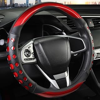 QCYP PU Leather Car Steering Wheel Cover with Anti-Slip Grip, for Women and Men, Universal Fit for 14.5-15 Inch Cars, Trucks, SUVs (Red (Round), Medium(Standard) Size[14 1/2''-15''])