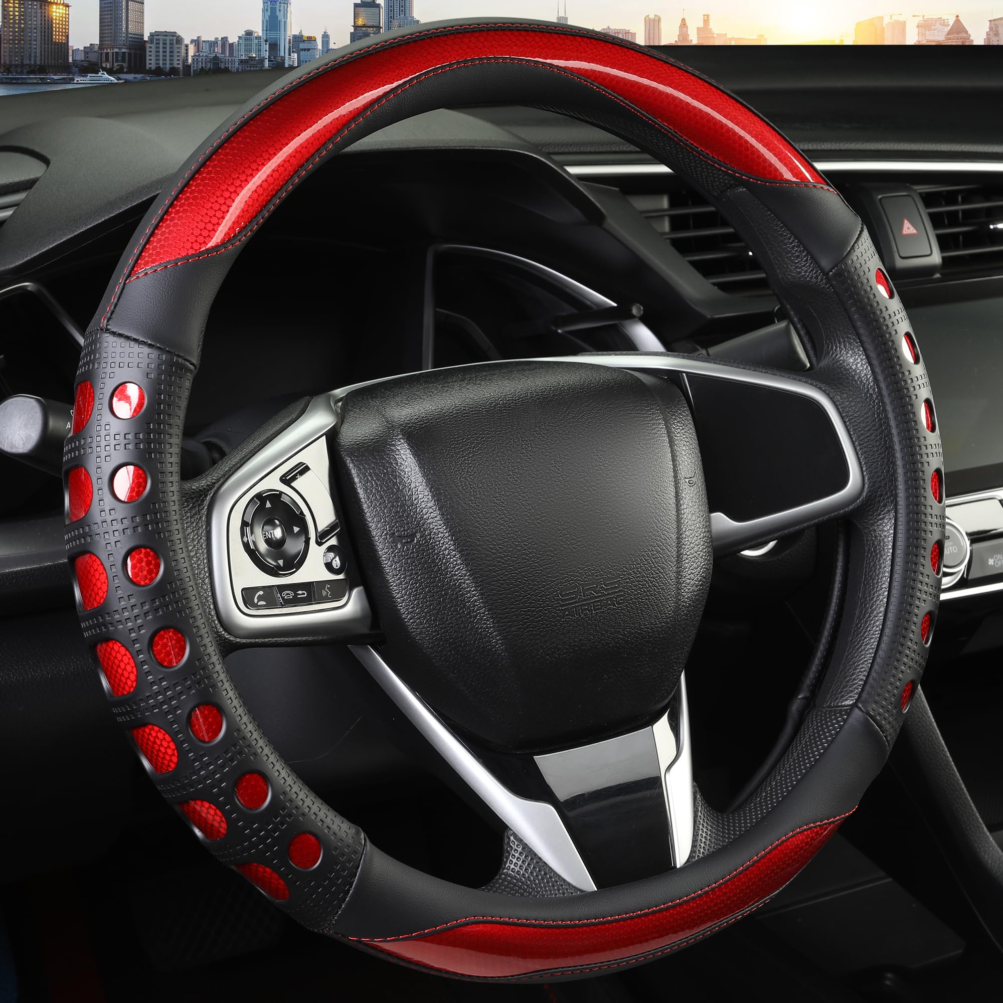 QCYP PU Leather Car Steering Wheel Cover with Anti-Slip Grip, for Women and Men,