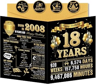 Benjia 18th Birthday Greeting Cards for Boys Girls Born in 2008 UK Bday Card with Envelope, 18 Years Old Funny Birthdays Gift Card for Him Her Birthday Decoration Party Supply, Black Gold 20x25 cm