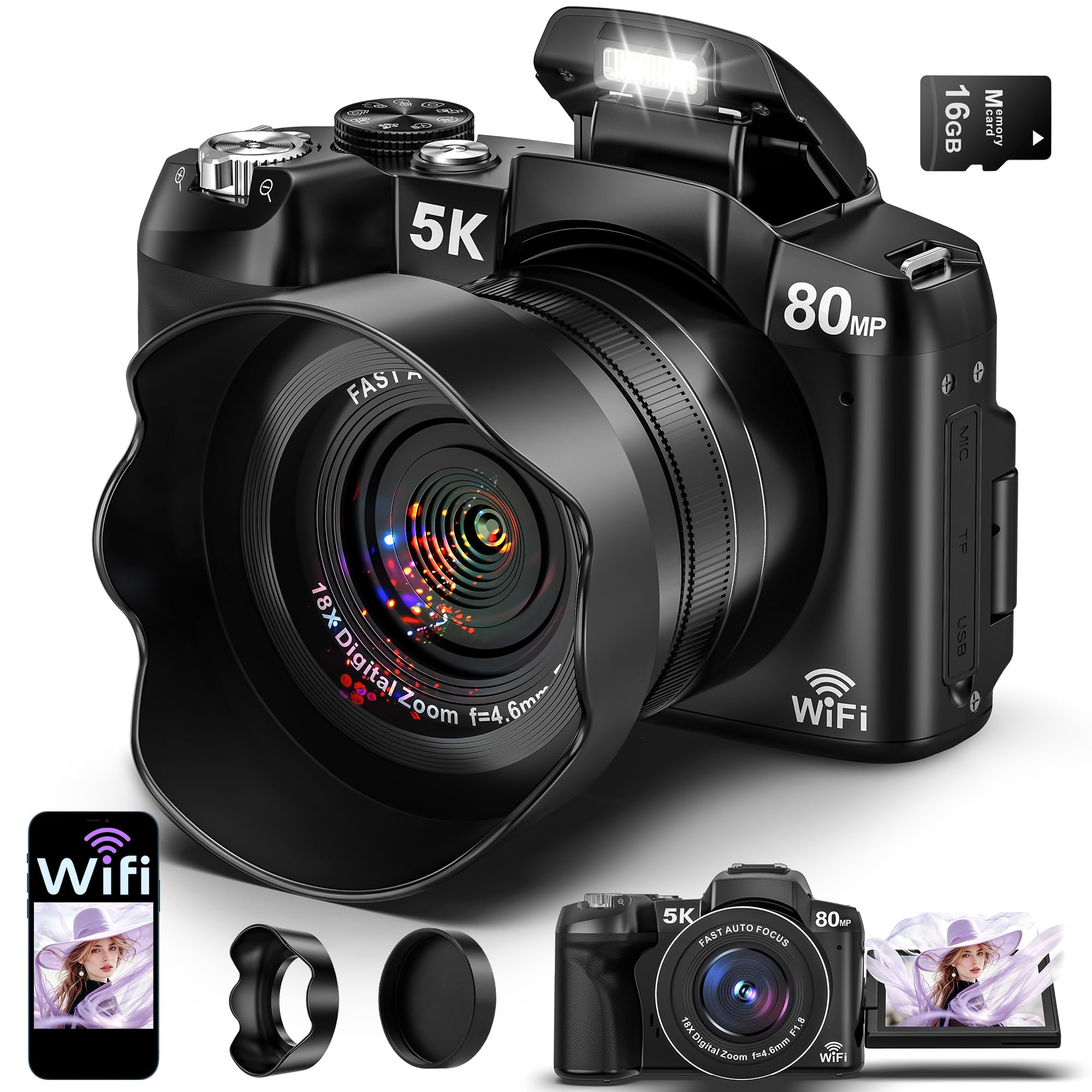 Cameras for Photography 5K Digital Camera WiFi 80MP UHD Autofocus Vlogging | 5K 