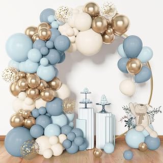 Amandir 153pcs Dusty Blue Balloon Garland Arch Kit Different Sizes | 18 12 10 5inch Blue White Sand Latex Metallic Confetti Gold Balloons Baptism Birthday Boho Shower Party Decoration Supplies