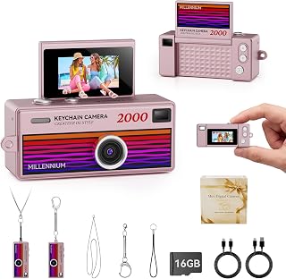 Mini Keychain Digital Camera 1080P HD Video Flip Screen, Y2K Aesthetic Small Camera with 25 Retro Filters 16GB Card & Lanyard, Lightweight Pocket Cam Gift Box Birthday for Teens Girls