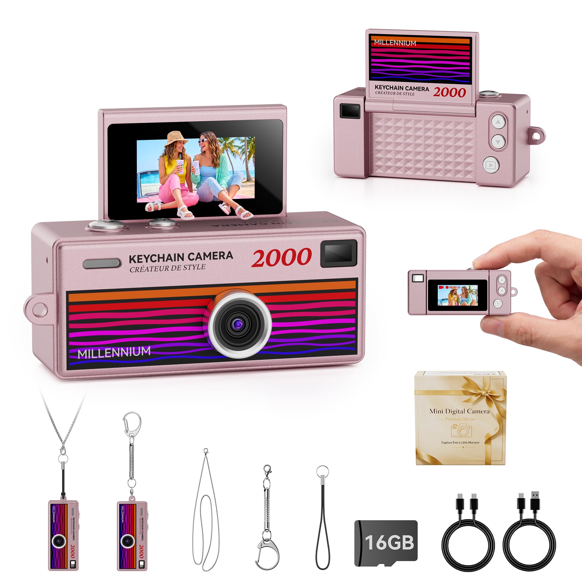 Mini Keychain Digital Camera 1080P HD Video Flip Screen, Y2K Aesthetic Small Cam