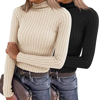 2 Pack Womens Thermal Long Sleeve Turtleneck Shirts Casual Lightweight Ribbed Knit Fashion Comfortable