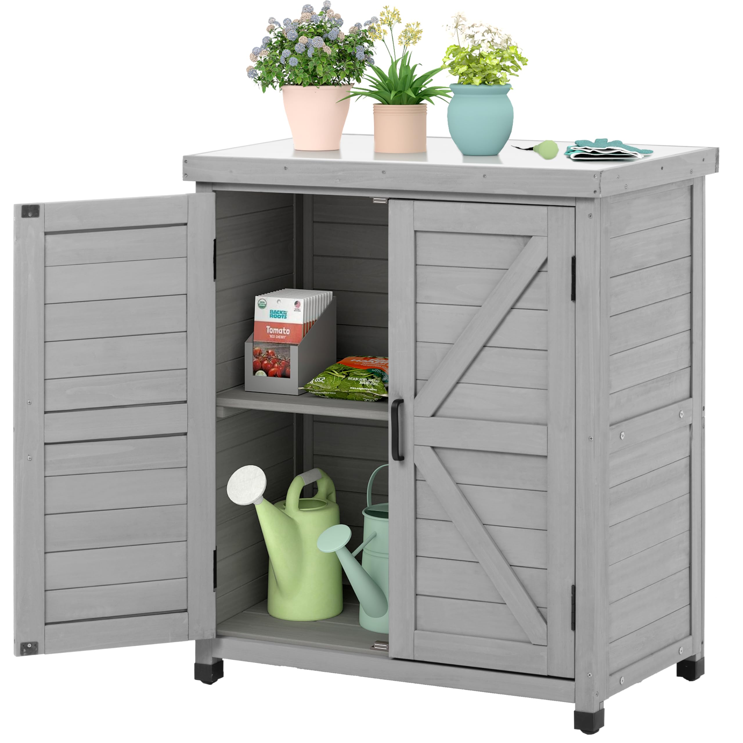 Outdoor Storage Cabinet & Potting Bench Table with Metal Top, Wooden Patio Furni