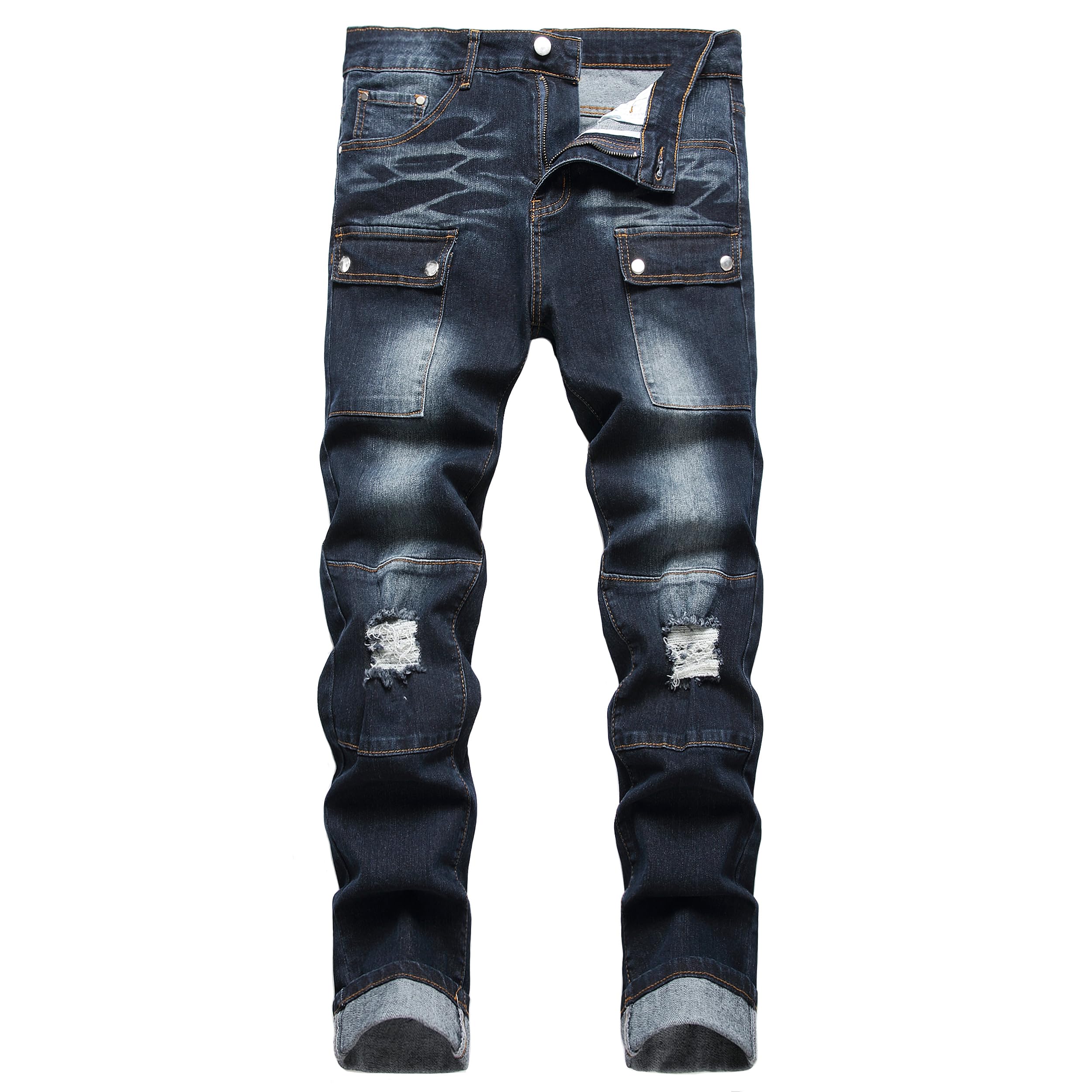Men's Slim Fit Stretch Jeans Ripped Skinny Jeans for Men, Fashion Straight Leg C