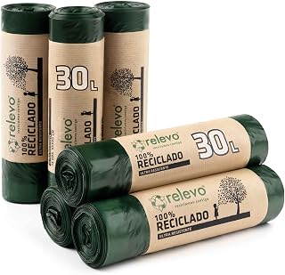 Relevo 30 Litre Bin Bags – Made from 100% Recycled Material. Green Bin Bags 30L – 55 cm x 60 cm. Includes 90 units of 30L Bin Liners with Drawstrings.