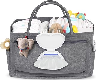 Volnamal Diaper Caddy with Wipe Dispenser One-Handed Access, Grey | Premium Diaper Organizer, Portable Car Organizer Nursery Basket for Newborn Essentials, Registry Must Haves for Boys & Girls