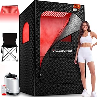 Infrared Sauna Box, Portable Steam Infrared Sauna with Red Light Therapy for Body, Sauna Tent with 660nm & 850nm Infrared Red Light Therapy Lamp, 3L/1200W Steamer, 9 Levels Heat, Timer, Folding Chair