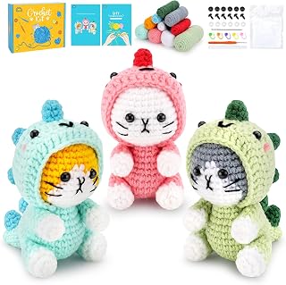 Crochet Kit for Beginners, 3 PCS Dinosaur Cat Crochet Kits | w/ Step-by-Step Video Tutorials, Beginner Crochet Kit for Adults, Crochet Animal Kit for Starters, Dinosaur Cat Crochet Set