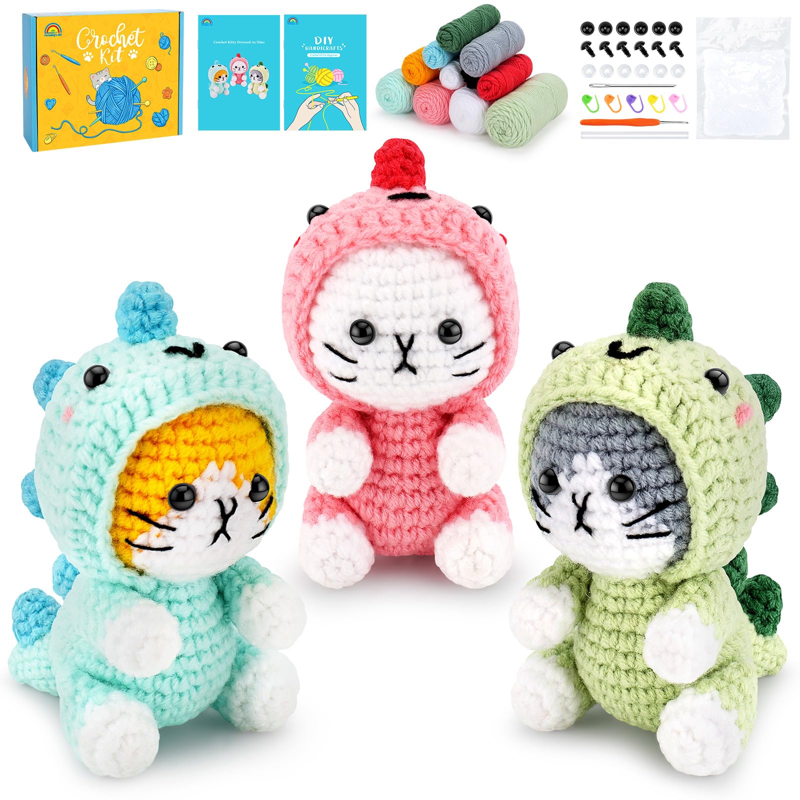 Crochet Kit for Beginners, 3 PCS Dinosaur Cat Crochet Kits | w/ Step-by-Step Vid