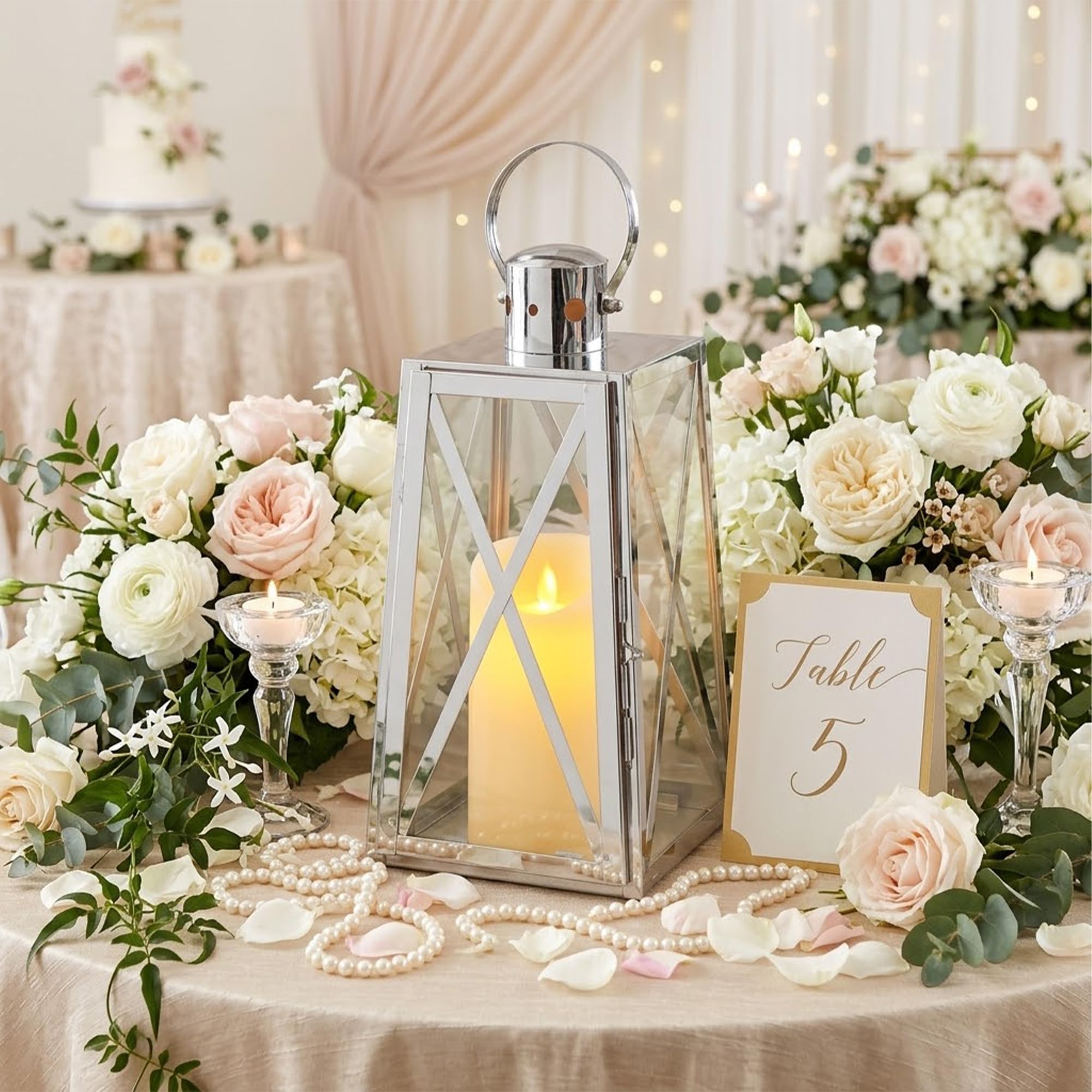 TRIROCKS 30 cm Silver Stainless Steel Candle Lantern with Tempered Glass