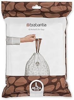 Brabantia Sacs Poubelle PerfectFit (Code L/40-45 Litres) Ultra Résistant, Poignées Coulissantes (40 Sacs) | Sac en plastique épais, ultra-résistant, Poignées coulissantes, remplacement de sac simplifié, Blanc à poignées vertes