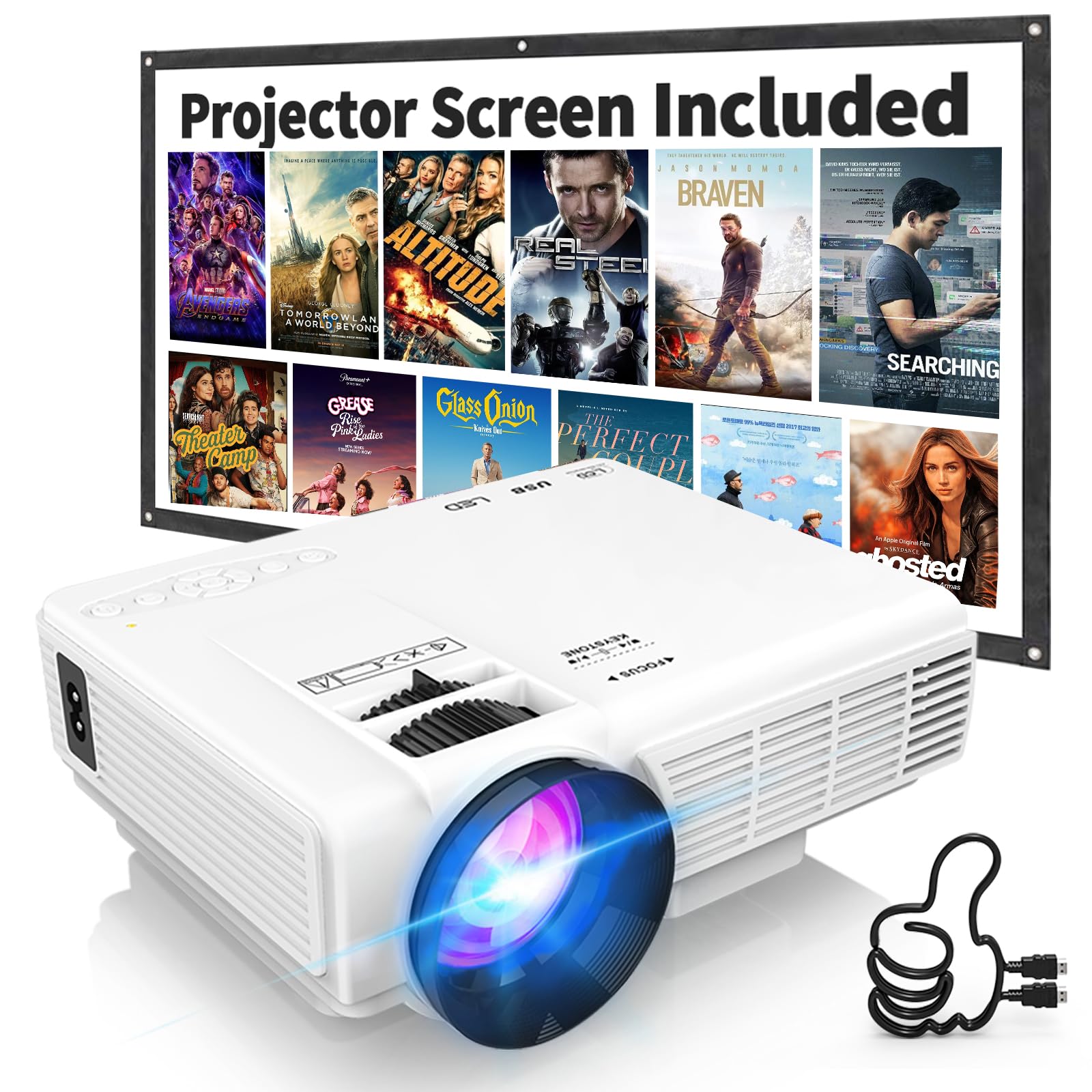 【Projector Screen Included】 1080P Mini Projector with Two-Way Bluetooth, 50% Zoo