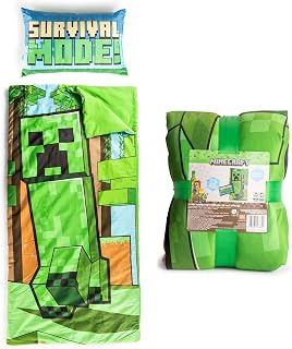 Jay Franco Kids Slumber Bag and Pillow - 54 x 27 Inch Comfy Indoor Sleeping Bag for School and Sleepovers, 2 Piece Set, Green - Minecraft