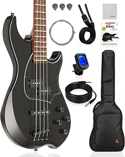 AKLOT Beginner Electric Bass Guitar: Precision & Jazz Dual Pickup, Roasted Maple Neck, 4-String Full Size Bass Guitar Kit with Lesson Book, Gig Bag, 2-Year Warranty(Helix PJ4-BK)