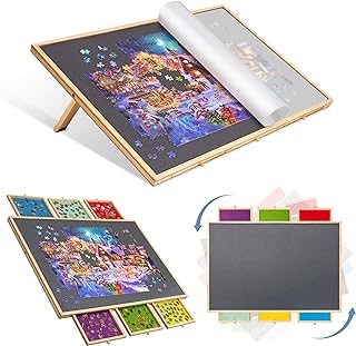 Lavievert 2-in-1 Tilting & Rotating Jigsaw Puzzle Board with 6 Colored Drawers & Cover, Portable Jigsaw Puzzle Table, Wooden Swivel Puzzle Plateau with Non-Slip Tabletop for Up to 1500 Pieces