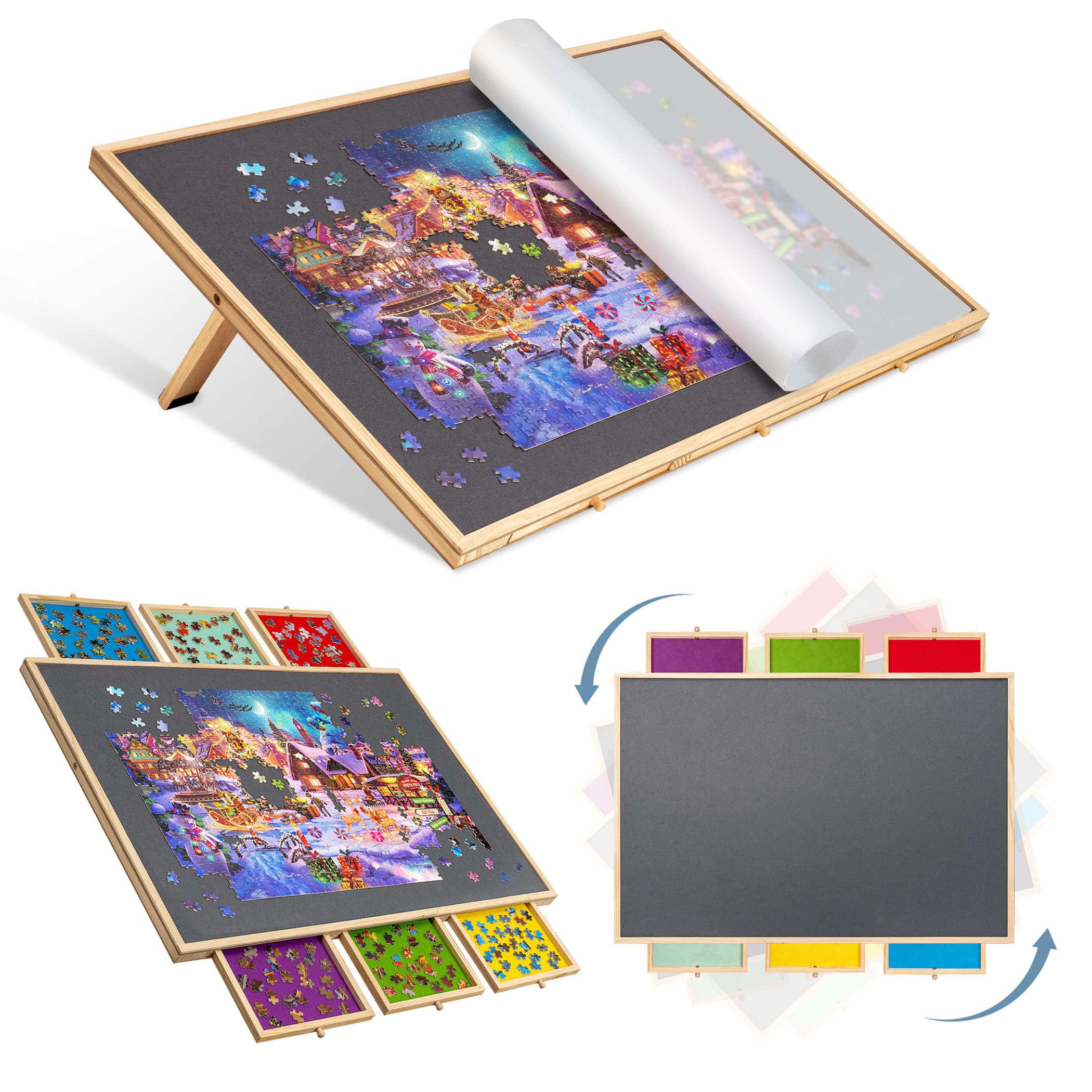Lavievert 2-in-1 Tilting & Rotating Jigsaw Puzzle Board with 6 Colored Drawers &