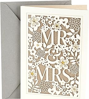 Hallmark Wedding Card (Mr. & Mrs.) | Die-cut Floral and Heart Pattern, Glittery Gold Backdrop, Envelope Included, High Quality Paper, Card Measures 5.8" X 8.3"