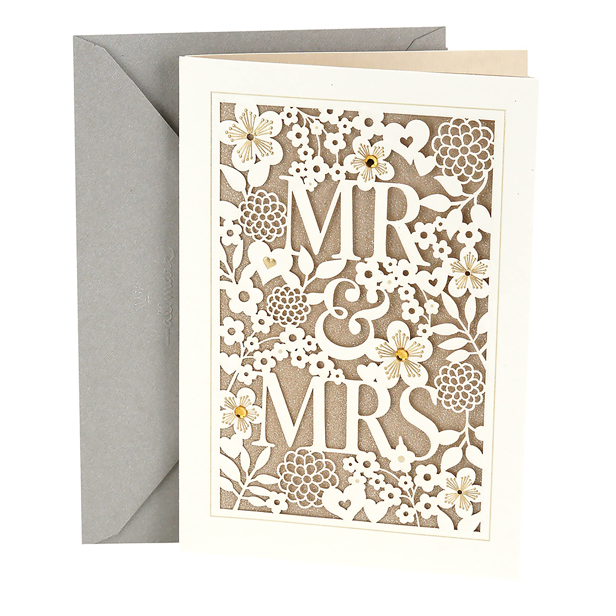 Hallmark Wedding Card (Mr. & Mrs.) | Die-cut Floral and Heart Pattern, Glittery 