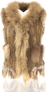 Women's 100% Natural Knit Rabbit Fur Vest With Raccoon Fur Collar