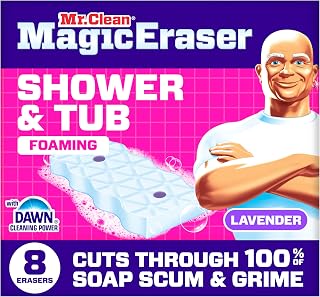 Mr. Clean Magic Eraser Sponge, Bathroom, Shower, Tub Cleaner, Soap Scum Remover, Bathroom Cleaning Supplies, Dawn Cleaning Power with Lavender Scent, Shower & Tub, 8ct