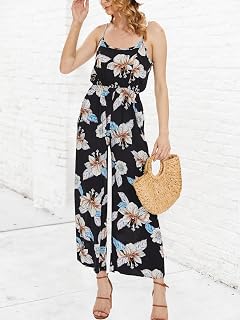 Womens Sleeveless Adjustable Spaghetti Strap Wide Leg Jumpsuit Rompers with Pockets Summer Beach