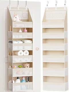 Criusia Over the Door Organizer, 6-Shelf Closet Hanging Storage with 13 Mesh Pockets, 55lbs Capacity Behind the Door Storage for Baby Nursery, Bathroom, Bedroom, and Dorm, Beige