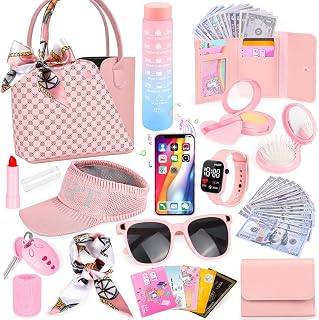 Oisacirg Sports Purse with Sun Hat, Pretend Play Toys for Girls Ages 3-8 | Tote Handbag, Water Bottle, Toy Phone and Watch, Pretend Makeup, Scarf for Role Play, Birthday Gifts, Mom-Daughter Bonding