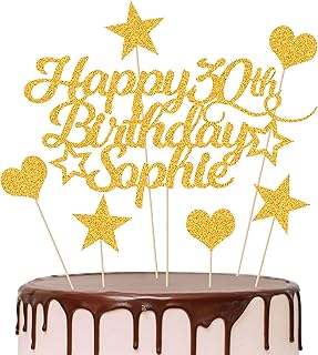Personalised Happy Birthday Cake Topper Customised with Any Age Name Party Cake Decoration 16 18 21 40 60 Double Sided Glitter Card Gold