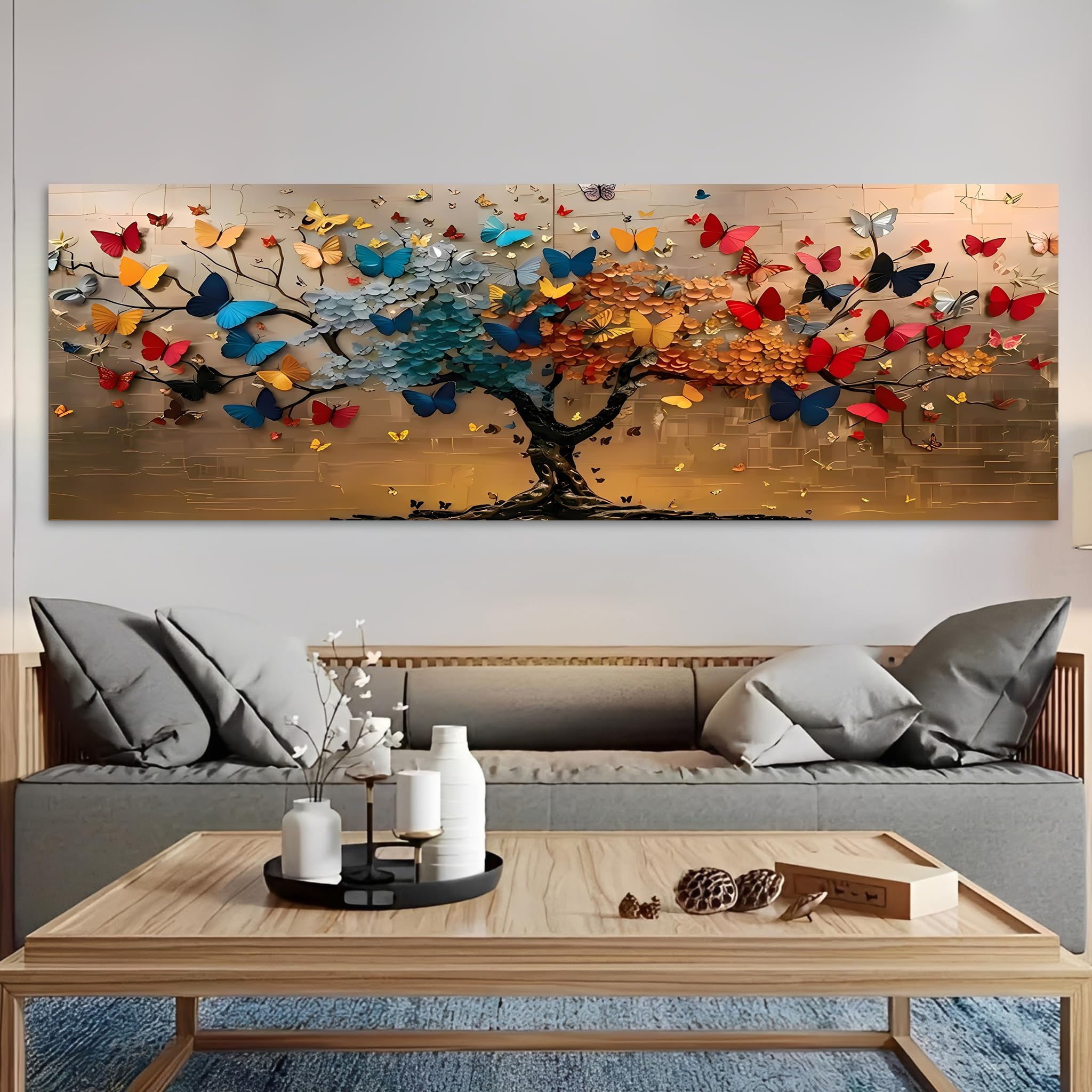 Colorful Butterfly Tree Vintage Rustic Canvas Wall Art Decor 12 x 36 Inches,No F