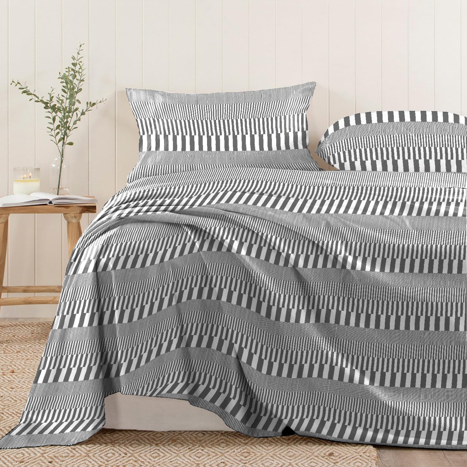 Pizuna Cotton Single Size Grey Print Flat Sheet 1 Piece 400 Thread Count