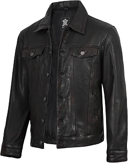 Decrum Trucker Leather Jacket Men - Vintage Style Real Lambskin Leather Jackets for Men with Button Closure
