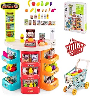 Costzon Grocery Store Pretend Play, Play Grocery Store w/ Shopping Cart | Basket, Play Food, Scanner, Sound & Light, Cash Register, 76 PCS Supermarket Playset for Kids Preschoolers 3-6 (Multi-Color)