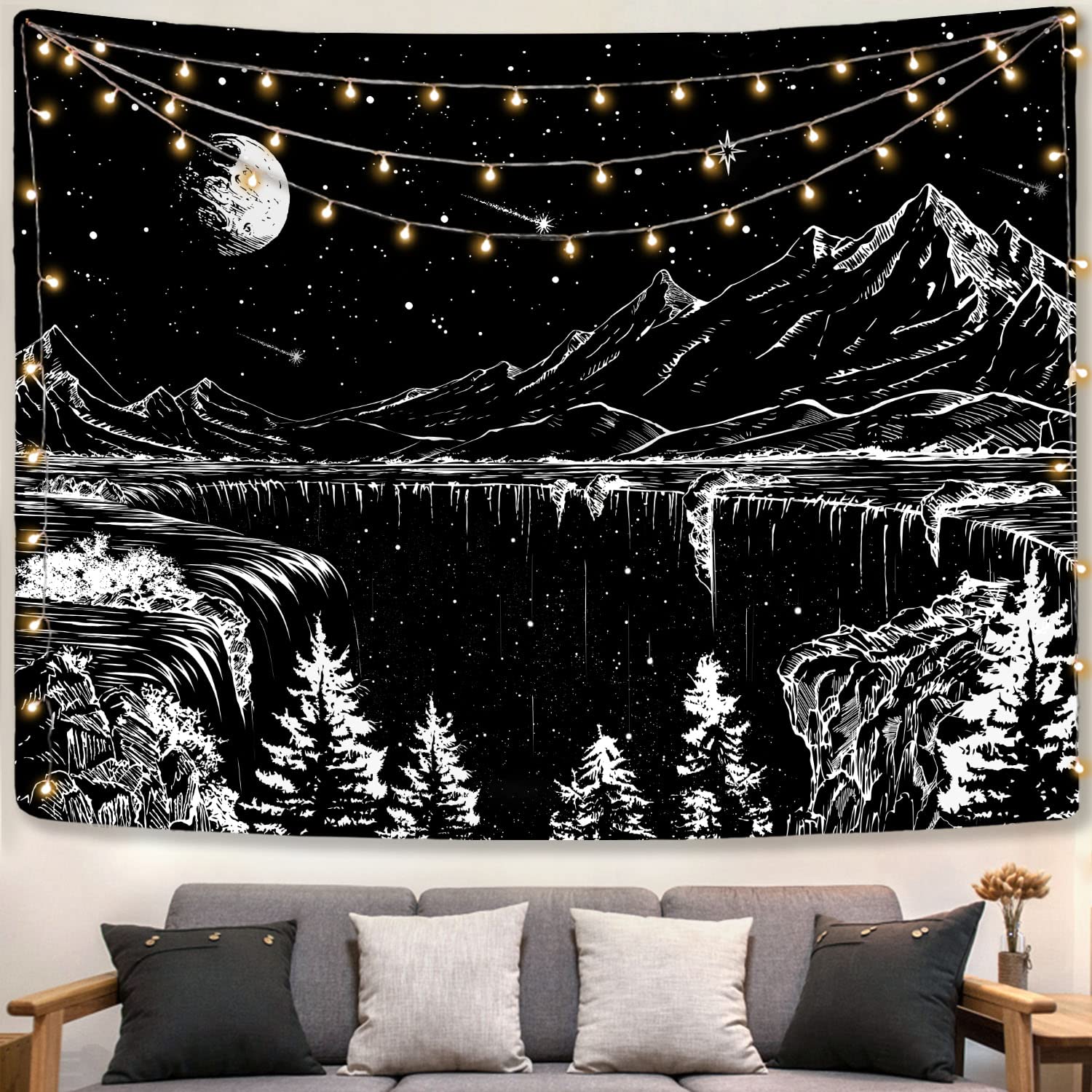 Zussun Black and White Tapestry Starry Night Mountain Tapestries for Bedroom Aes