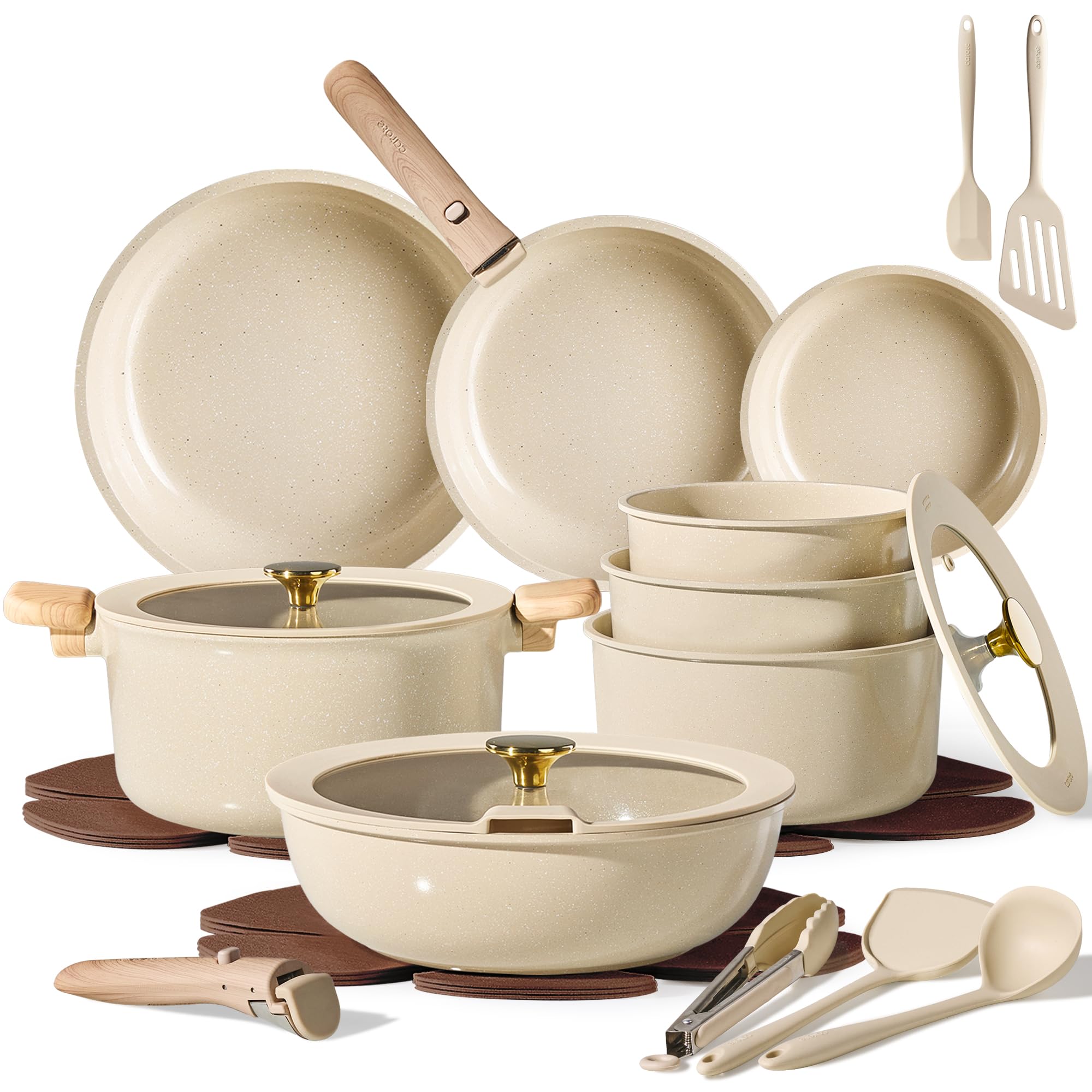 CAROTE 25pcs Ceramic Cookware Set, Pots and Pans Set with Detachable Handle | No