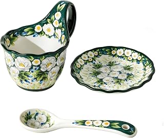 ALMA 16oz Soup Bowl with Handle, Ceramic Soup mug Set with Spoon&Side Plate | Hand Painted Floral | Microwave,Dishwasher,Oven Safe | Enjoy Soup,Stew,Snack,Dessert | Gift For Mom, Grandma, Soup Lovers